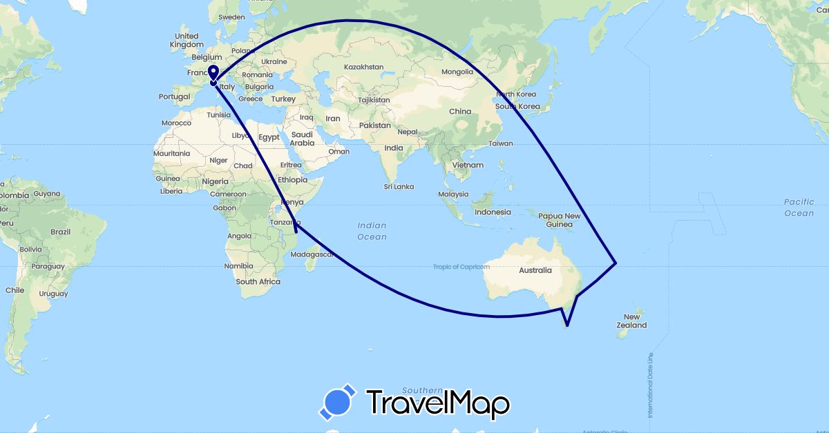 TravelMap itinerary: driving in Australia, France, Tanzania (Africa, Europe, Oceania)